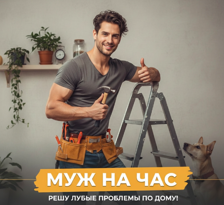 Мужчина с молотком и инструментами стоит у лестницы, готов помочь с ремонтом