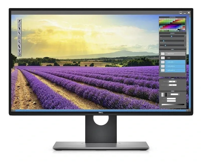 Монитор Dell с изображением лавандового поля и графическим интерфейсом на экране