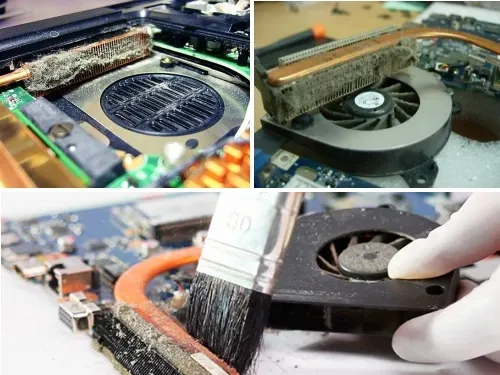 Внутренние части ноутбука с пылью и вентилятором