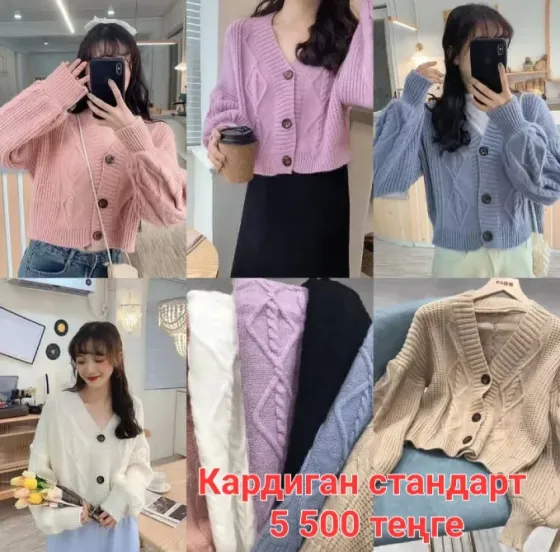 Стандартты кардиган әртүрлі түстер мен дизайнмен, бағасы 5 500 теңге.