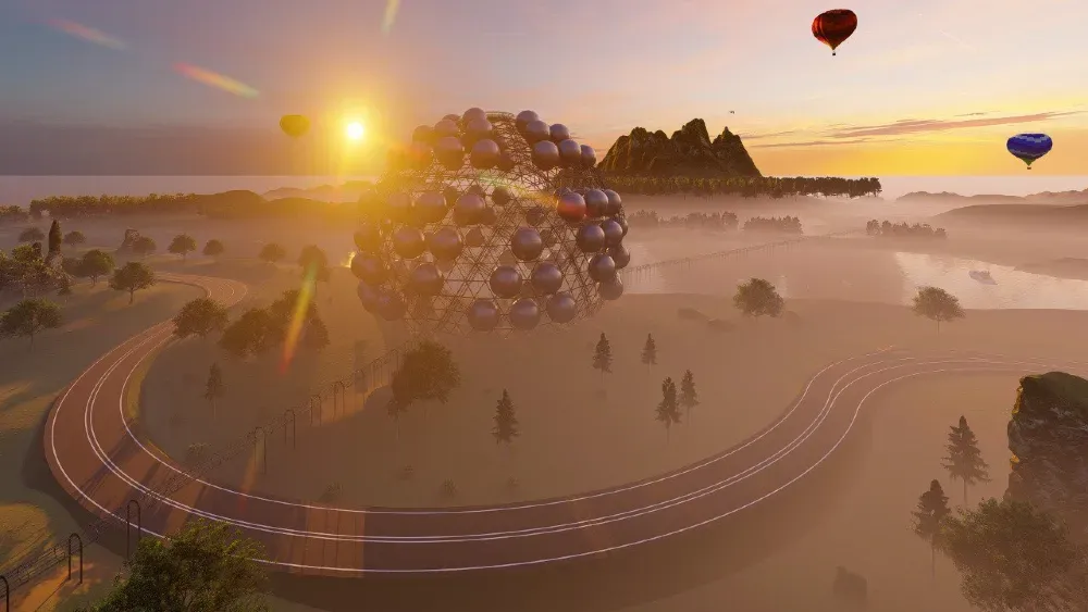 Концептуальная сцена с воздушными шарами на фоне рассвета и необычной архитектурной конструкции