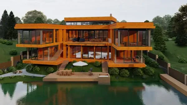 Элегантный загородный дом с террасами и панорамными окнами, расположенный у воды