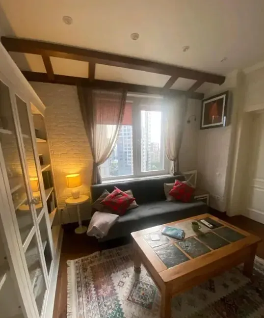 Гостиная с диваном, книжным шкафом и окнами