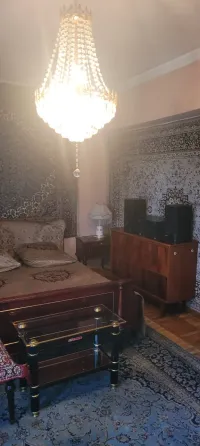 Комната с кроватью, люстрой и восточными коврами