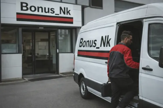 Bonus_Nk компаниясының фургоны, жұмысшысы ішке кіріп жатыр