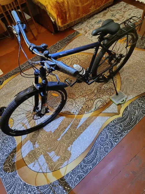 Велосипед на ковре с узором в интерьере комнаты