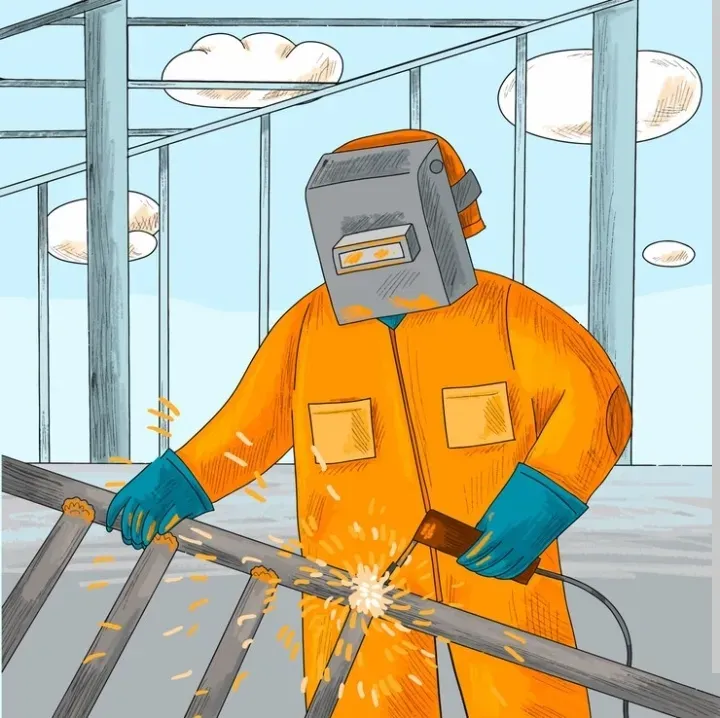 Иллюстрация сварщика в защитной маске и комбинезоне, выполняющего сварку на строительной площадке