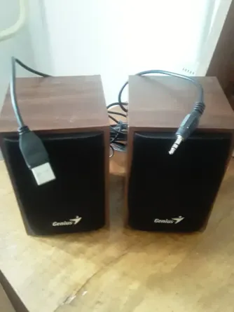 Колонки Genius с USB и аудиоразъемом на деревянной подставке