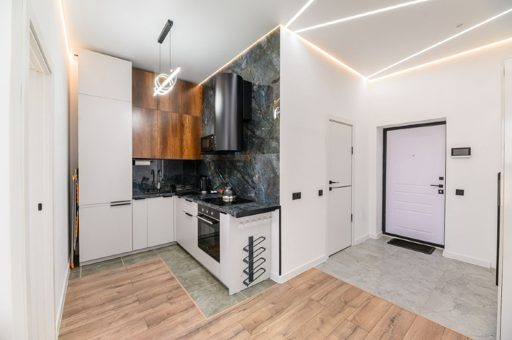 Современная кухня с плитой и выходом в коридор