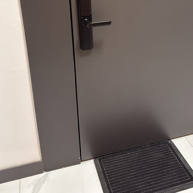 Дверь в квартиру с замком и ковриком у входа