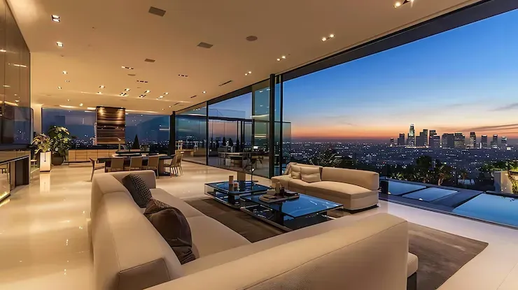 Роскошная гостиная с огромными окнами и панорамным видом на город