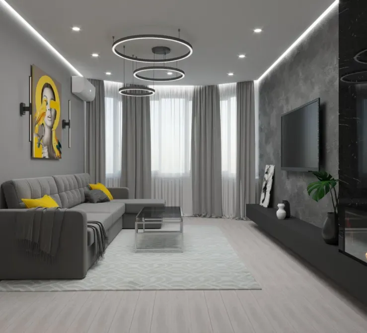 Стильная современная гостиная с серым диваном и современными светильниками