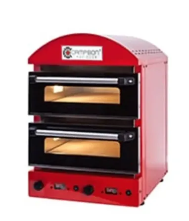 Екі бөлек камерасы бар піца пісіруге арналған электрлік пеш, қызыл түсте, температураны басқару және таймермен жабдықталған.