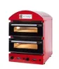 Екі бөлек камерасы бар піца пісіруге арналған электрлік пеш, қызыл түсте, температураны басқару және таймермен жабдықталған.