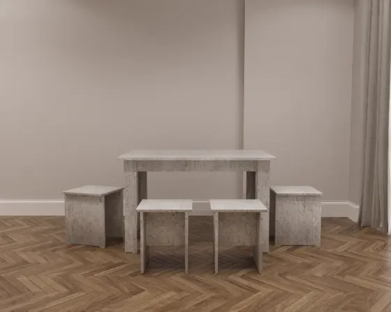 Ақ түсті табуреттері бар стол интерьерде