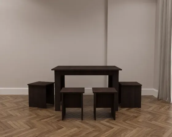 Ақ түсті табуреттері бар стол интерьерде