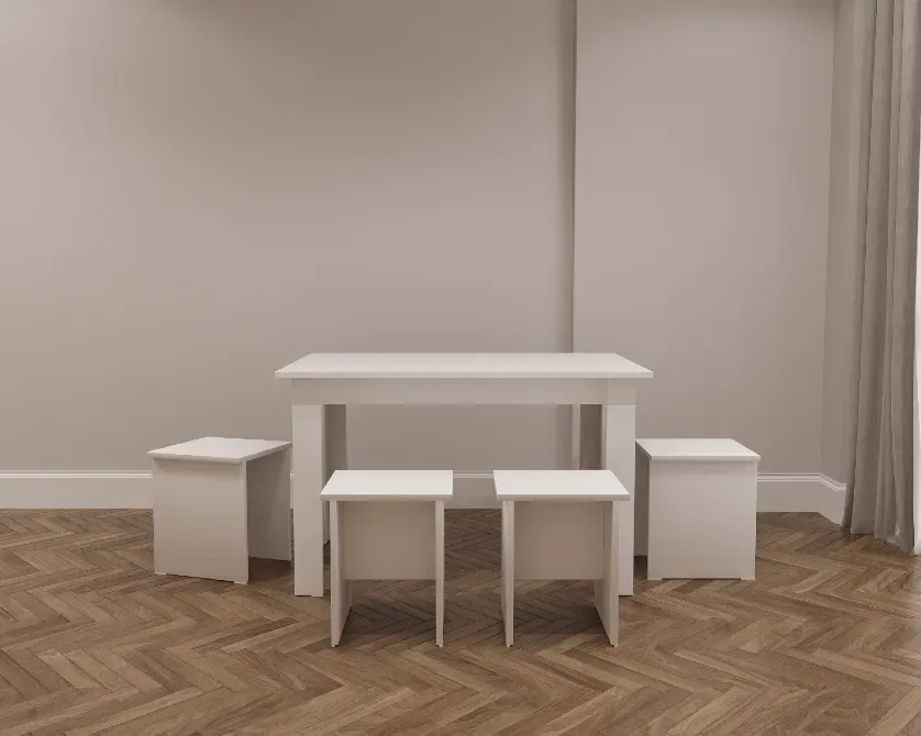 Стол с табуретками белого цвета на фоне деревянного пола