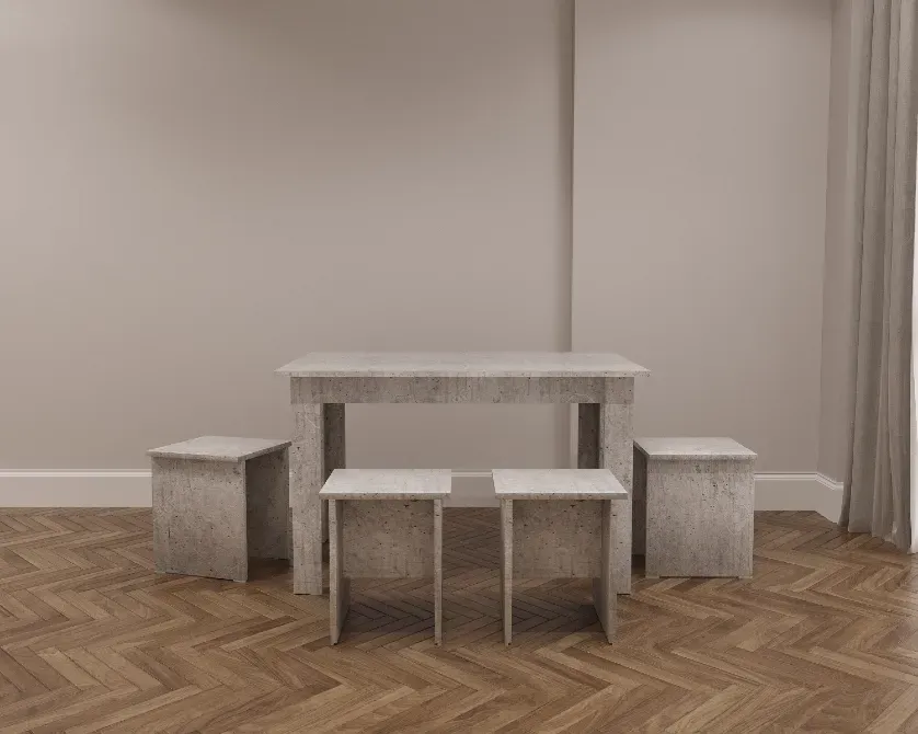 Стол с табуретками серо-белого цвета на фоне деревянного пола