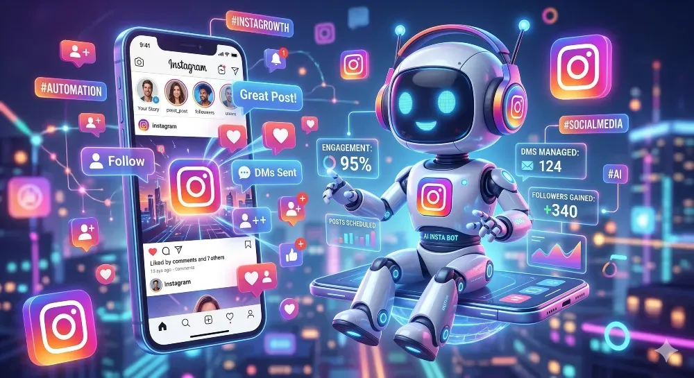 Иллюстрация робота, взаимодействующего с приложением Instagram на смартфоне, surrounded by значками и графиками, иллюстрирующими автоматизацию и анализ в социальных сетях