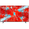 Жарқын қызыл және көк ағаштары бар LG UHD теледидары | Телевизордың пульті, батырмалар мен навигациямен
