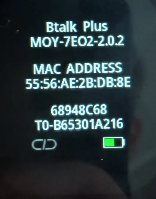 Изображение экрана смарт-часов с информацией о MAC-адресе и батарее