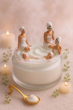 Фигурки женщин в халатах и с полотенцами на головах, наслаждающиеся спа-процедурами в креме с ароматными свечами вокруг
