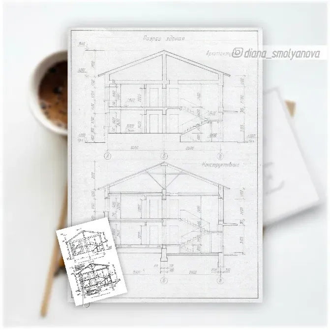 Архитектурный чертеж дома с разрезами, расположенный на фоне чашки кофе и листа с буквами