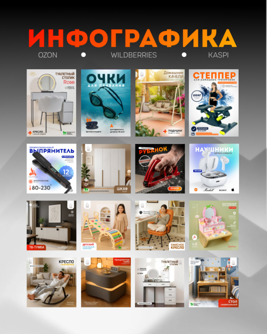 Инфографика Ozon, Wildberries и Kaspi с товарами, включая стулья, очки для плавания, степперы, детские игрушки и кухонную утварь