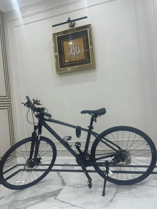 Велосипед у стены с декоративным элементом на заднем плане