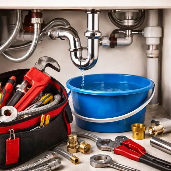 Инструменты для сантехнических работ, ведро для воды, трубные соединения и инструменты на рабочем месте сантехника