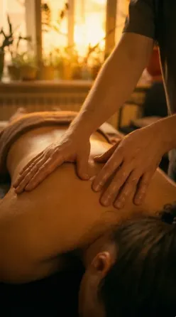 Квалифицированный массажист в студии, поза с перекрещенными руками на фоне зелени