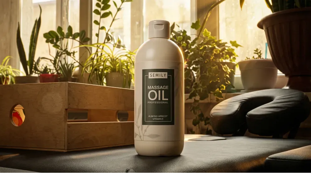 Бутылка профессионального массажного масла на столе