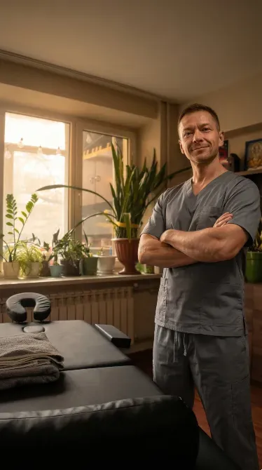 Квалифицированный массажист в студии, поза с перекрещенными руками на фоне зелени