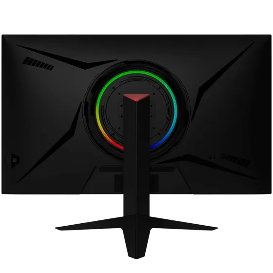 Монитор с черным экраном и тонкими рамками, установленный на треугольной подставке