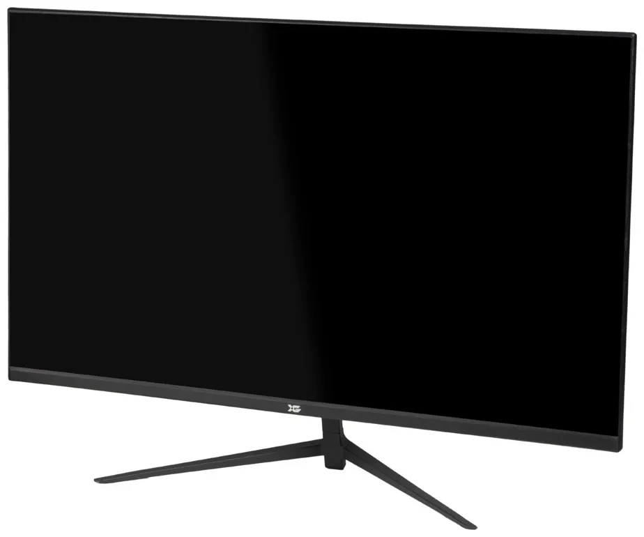 Монитор с черным экраном и тонкими рамками, установленный на треугольной подставке