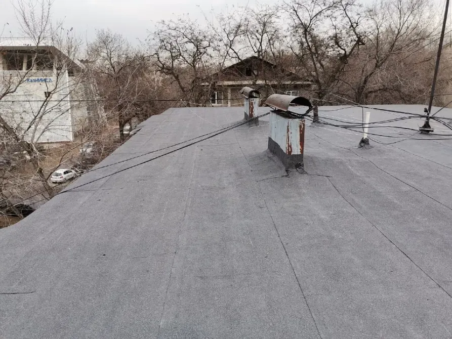 Ремонт плоской крыши с деревьями на заднем плане