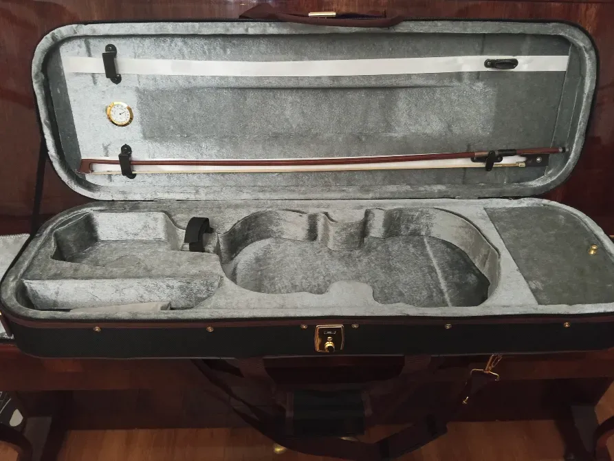 Открытый футляр для музыкального инструмента с бархатной обивкой и отделениями