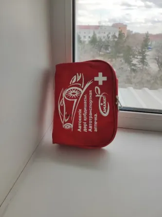 Аптечка первого помощи красного цвета на подоконнике с видом на улицу