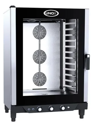 UNOX пеші, есігі ашық, ішкі кеңістігі вентиляторлармен және науалар үшін сөрелермен жабдықталған.