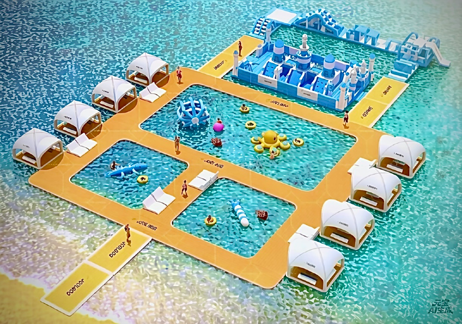 Игровая зона с водными аттракционами и надувными домиками