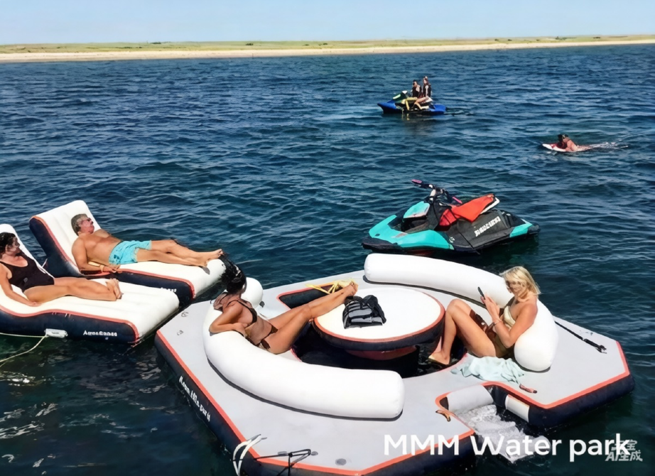 Люди отдыхают на водной платформе с шезлонгами и водными скутерами