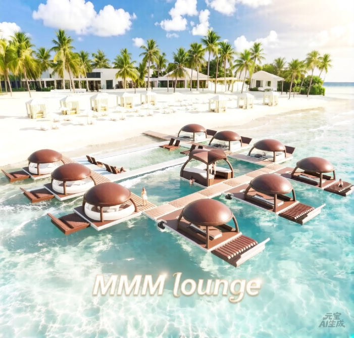 Лаунж-зона с уютными домиками и красивым пляжем