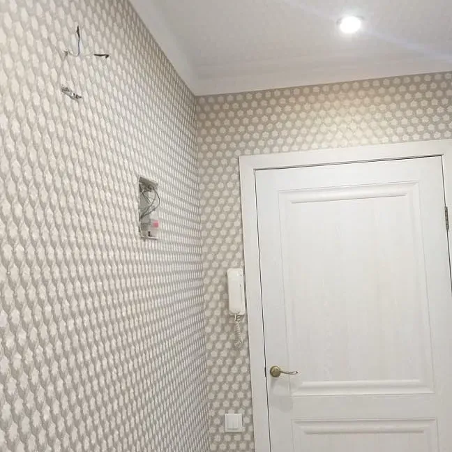 Стена с обоями светлого цвета и дверью