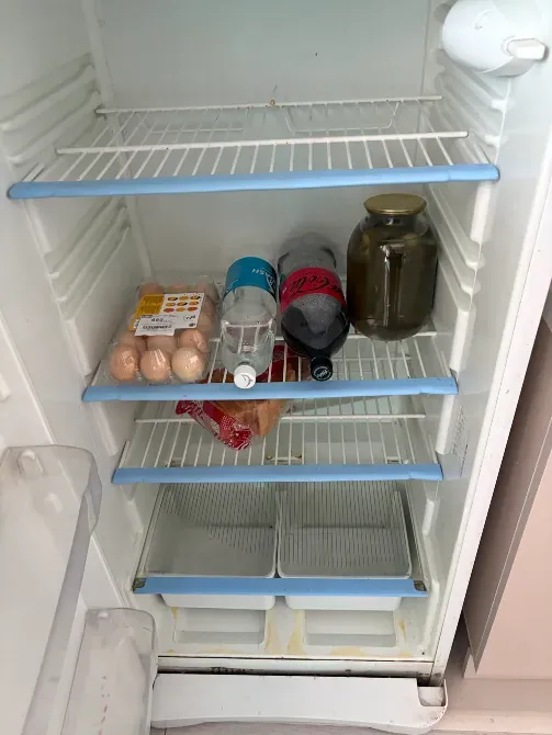 Внутри холодильника с яйцами, бутылками и банкой