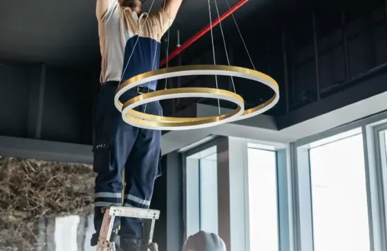 Рабочий устанавливает современный светильник в интерьере с большими окнами; другой рабочий находится внизу на лестнице