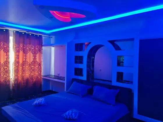 Қазіргі заманғы интерьер, павлиндермен витраж және стильді жиһаз