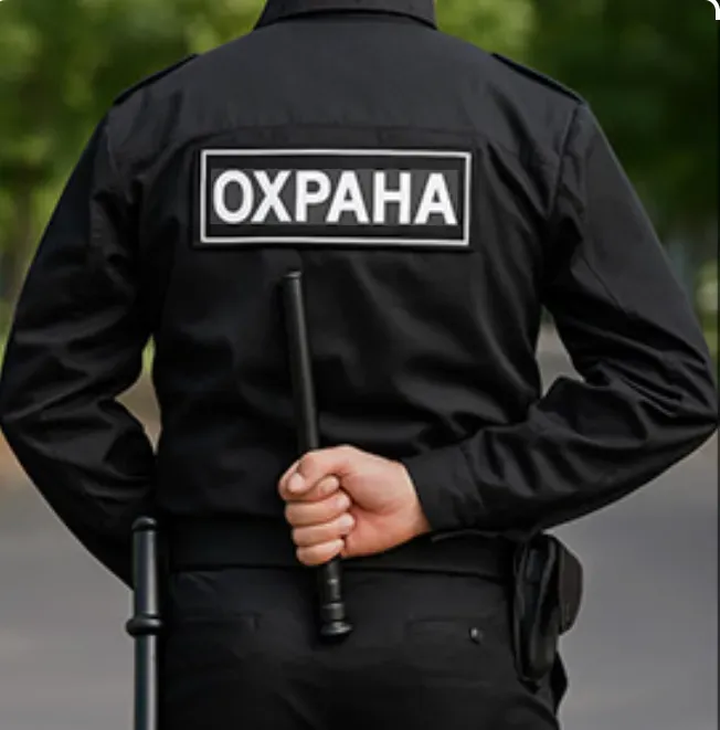 Сотрудник охраны в черной униформе с надписью 