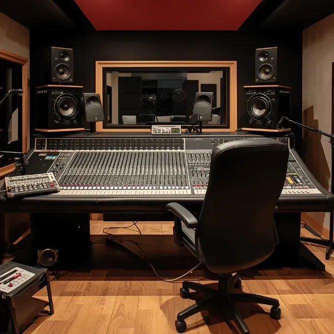 Студия звукозаписи с большим микшерным пультом, аудиомониторами и микрофонами, современный интерьер и деревянный пол