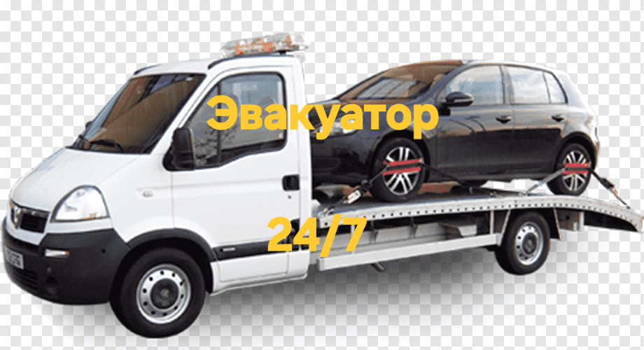 Эвакуатор с черным автомобилем на платформе. Служба эвакуации 24/7