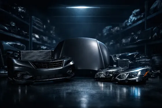 Автозапчасти в затемненном помещении с полками, заполненными деталями